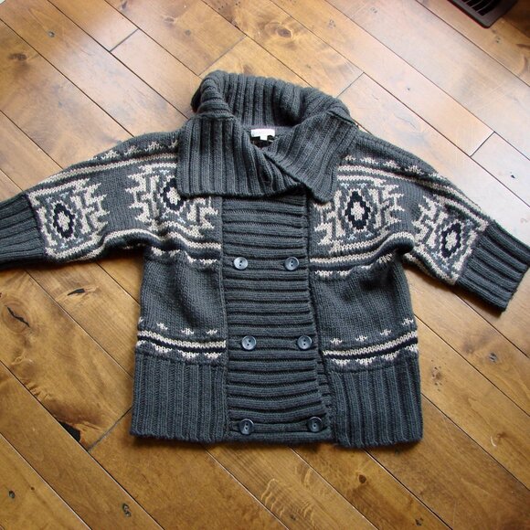 Chunky Knit Cardigan Sweater Gray Cream Aztec Pattern Wool Alpaca Blend Medium - Picture 4 of 16